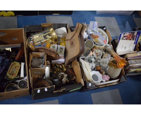 Two Boxes Containing Brass Ornaments, Etched Wine Glasses, Staffordshire Dog, Lurpak Toast Rack, Vintage Tins, Ceramics, Meta