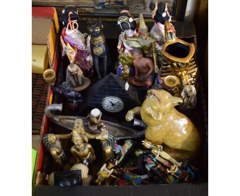 A Tray Containing a Large Quantity of Reproduction Egyptian Ornaments to Include Pyramid Mantle Clock, Cats, Figures, Jug etc