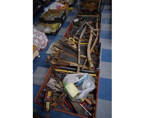 Five Boxes of Vintage Tools, Ranging Rod, Miniature Bicycle, Scythes, Saws, Workshop Tools etc 