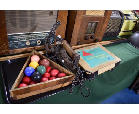 A Collection of Vintage Snooker Balls, Cues, Table Iron etc 