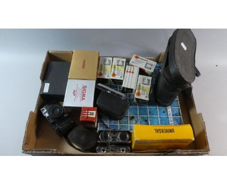 A Box of Sundries to Include Vintage Cameras, Pair of Binoculars, David Hockney Cameraworks Book, Folding Binoculars, Sigma C