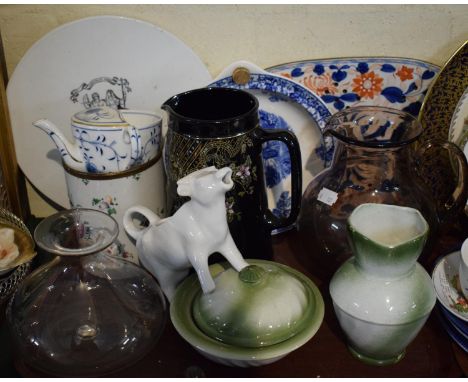 A Tray of 19th Century and Later Ceramics and Glassware to Include Jugs, Vases, Cow Creamer, Imari Draining Dish, Scales Pan 