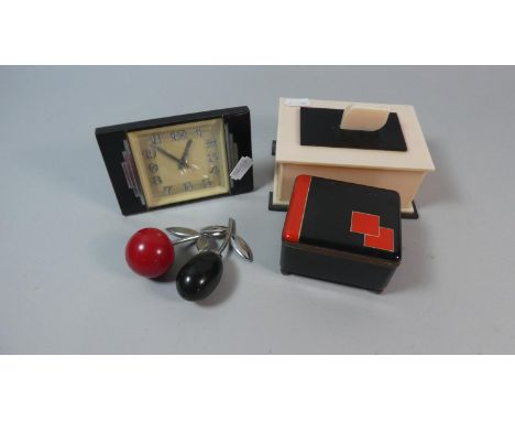 A Collection of Art Deco Items to Include Mantle Clock, Two Jewellery Boxes, Cruet Set etc 