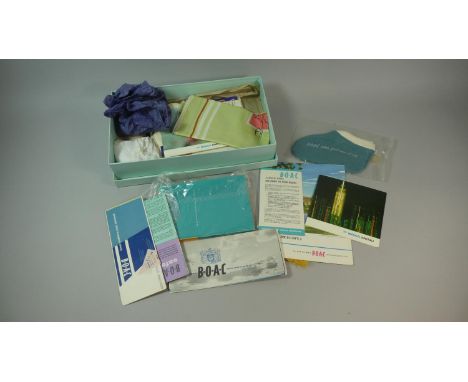A Collection of Vintage First Class BOAC Ephemera to Include Powder Compact, Cigarette Box, Flight Socks, Scarf, Pamphlets an
