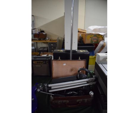 A Vintage Leather Case Containing Camera Tripod, Vintage Cassette Player, Collection of Vintage Microphones and Headphones et