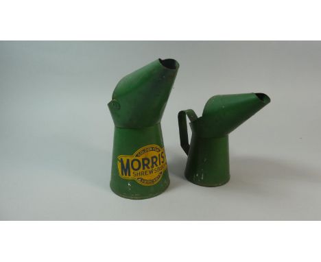 Two Vintage Green Painted Tin Oil Jugs One for Morris's Golden Film 