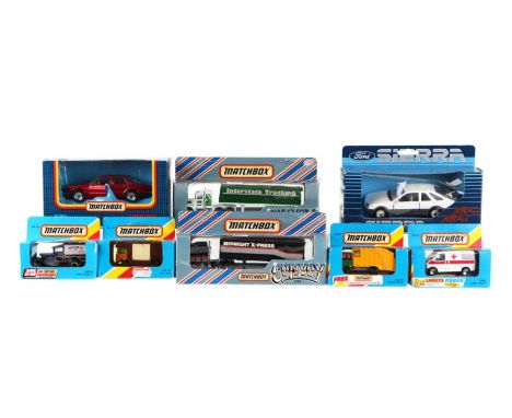 A small collection of Matchbox diecast vehicles including Ford Sierra XR4i, Superkings Jaguar XJ6, Convoy Articulated Truck C