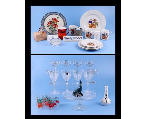 A set of six vintage Babycham glasses, Royal Doulton and Wedgwood retailer display stands, Royal Worcester Evesham pattern ta