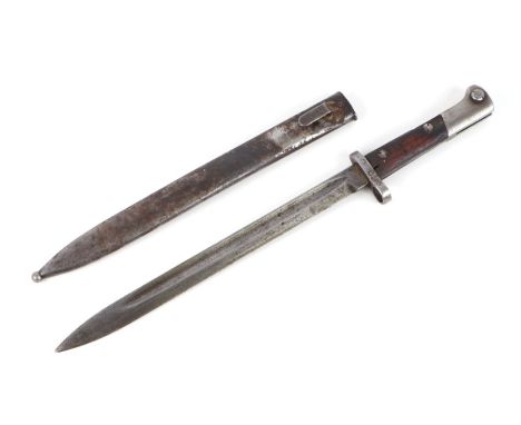 A WW2 Czechoslovakian VZ98/22 Mauser bayonet in its steel scabbard. Marked to the ricasso CSZ U. Blade length 29.5cms (11.625