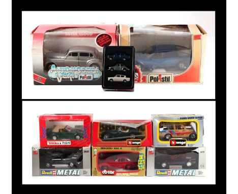 Eight 1/24 scale diecast vehicles comprising Revell Corvette Stingray, another Corvette ZR-1 coupe, Bburago Jaguar XK120 Road