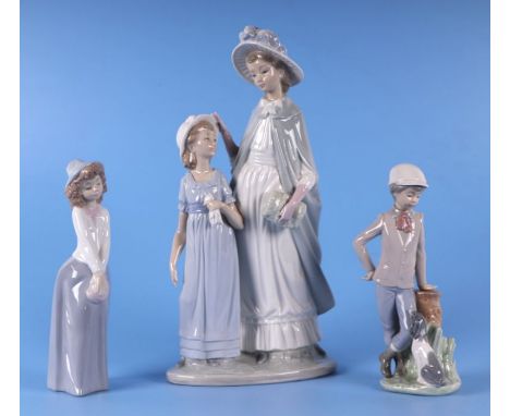 A Lladro Nao figural group depicting two young ladies, 38cms high; together with two similar figures of a young lady and a yo