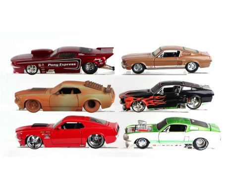 Six 1/24 scale Ford Mustang diecast cars comprising Jada 1970 Ford Mustang Boss, another 1967 Shelby GT500, Maisto Ford Musta