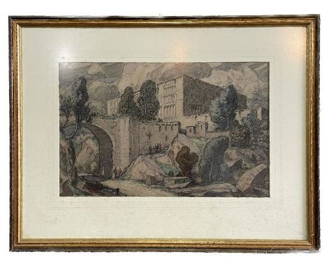 John Mace (20th century British) - Architectural Scene with Central Arched Bridge - signed lower right, mixed media, framed &