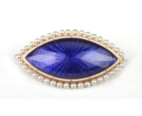 A Georgian yellow metal blue enamel and seed pearl brooch of navette form, 4cms wide.Condition ReportOne pearl is missing oth