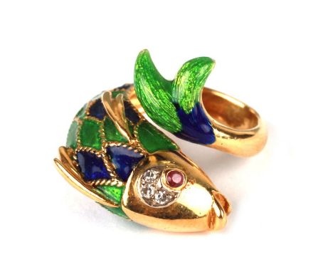 A yellow metal diamond and ruby set enamel ring in the form of a fish, approx UK size 'H', 10.5g.