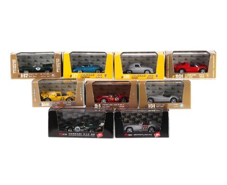 Nine Brumm 1/43 scale diecast cars comprising Jaguar XK120 Roadster, Jaguar D-type, Mercedes Benz 300SLR Mille Miglia, Ferrar