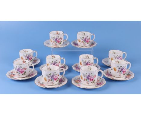 A set of ten Royal Crown Derby coffee cans and saucers with floral decoration.