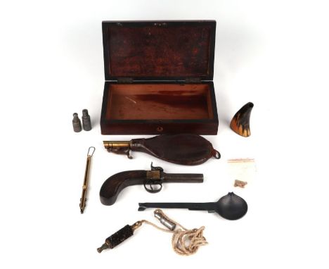 A 19th century box flintlock muff pistol with accessories, cased; together with a leather and brass powder or shot flask (2).