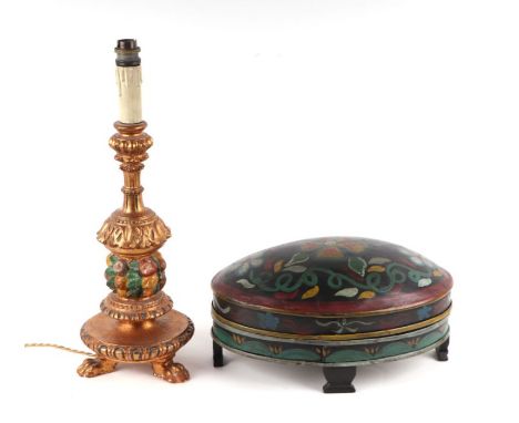 A gilt table lamp, an oval painted box together with an oval giltwood picture frame. (3)