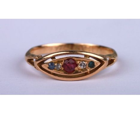 An Edwardian 18ct gold gypsy type ring set with diamonds, sapphires and a ruby, approx UK size 'K', 2g.