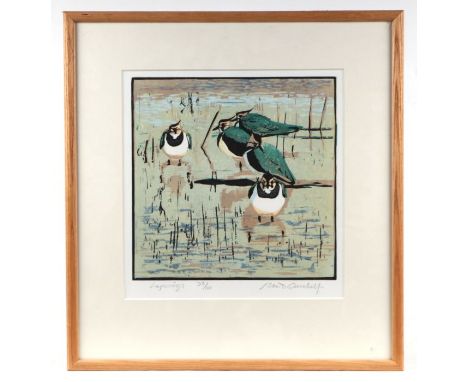 After Robert Greenhalf - Lapwings - limited edition woodcut print numbered 38/100, signed and numbered in pencil to the margi