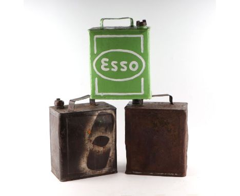 Three two-gallon petrol cans for Esso and War Department 1939 and 1953, all with correct brass caps (3).