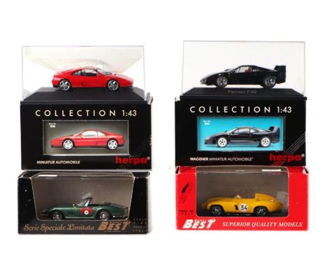 Four 1-43 scale diecast cars comprising Best Model Ferrari 275 GTB/4 Spider (SLO2); together with another Ferrari 750 Monza (