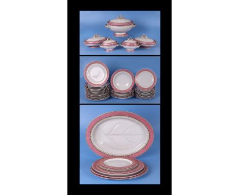 An extensive 19th century Royal Worcester dinner service with pink borders and gilt highlights, to include soup tureen, veget