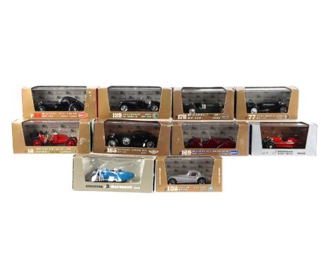 Ten Brumm 1/43 scale diecast cars including 1933 Bugatti type 59, Jaguar XK120 Coupe, 1928 Bentley Speed 6 and others, all bo