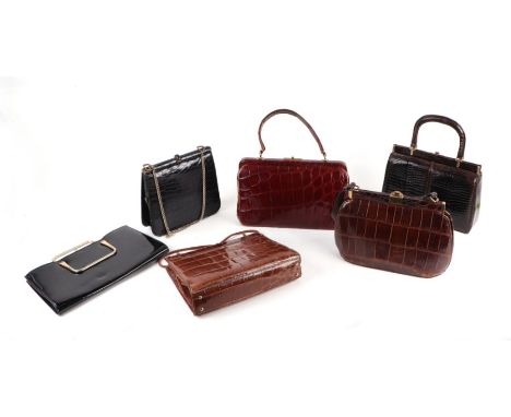 A quantity of vintage leather and faux crocodile ladies handbags, purses and gloves; together with an early 20th century para