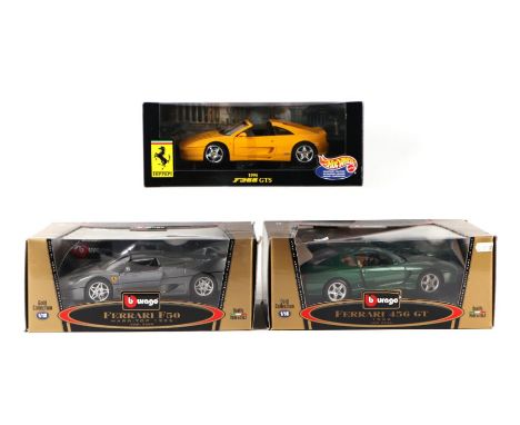 Three 1/18 scale diecast cars comprising Hot Wheels Ferrari F355GTS, Bburago Ferrari F50 and a Bburago Ferrari 456GT, all box