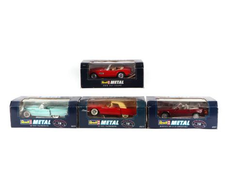 Four Revell 1/18 scale diecast metal cars comprising 1955 Ford Thunderbird, 56 Ford Thunderbird, Mercedes Benz 500SL and BMW 