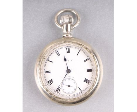 A nickel cased open faced pocket watch, the white enamel dial with subsidiary seconds dial, signed 'Elgin'.