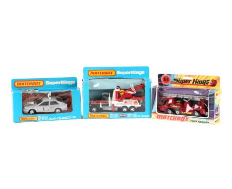 Three Matchbox Superkings comprising K-20 Wreck Truck, K-95 Audi Quattro and K-9 Fire Tender, all boxed (3).