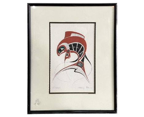 Danny Dennis - a coloured print depicting a stylised salmon, signed in pencil to the margin, framed &amp; glazed, 14 by 22cms