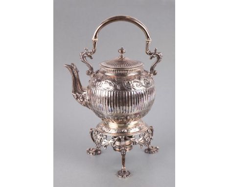 A Victorian silver spirit kettle on stand with embossed mythical beast decoration, London 1876 and maker's mark for John Sept