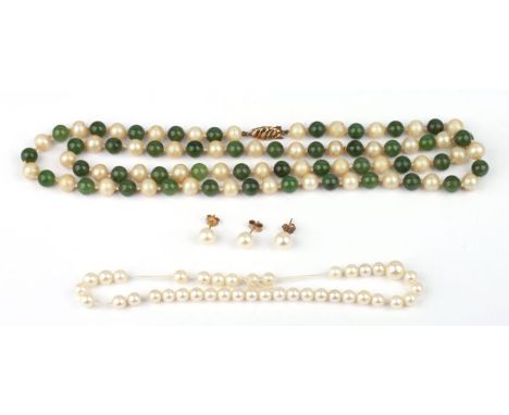 A faux pearl and jade or hardstone bead necklace with 9ct gold clasp; together with three pearl stud earrings, and loose pear