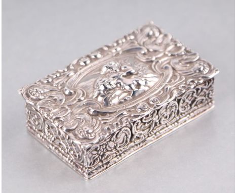 A Victorian style silver snuff box decorated with cherubs and foliate scrolls, London 1970, 6cms wide, 46g.