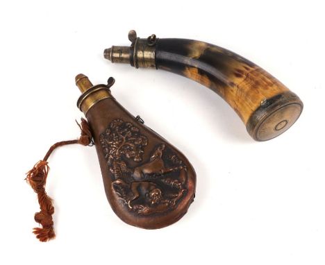 A late 18th century English horn powder flask with brass mounts; together with a copper and brass powder flask decorated with