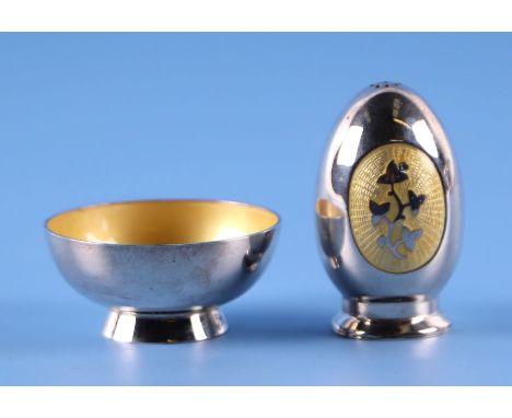 A Danish silver and enamel egg shaped pepper; together with a matching open salt, 49g (2).