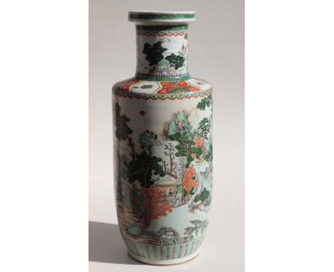 A large Chinese famille rose rouleau vase decorated with figures in a landscape, six character blue mark to the underside, 47