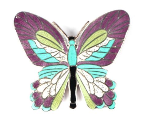 A Margot de Taxco mid century silver and enamel butterfly brooch, 5.5cms wide.