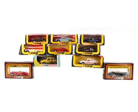 Assorted Corgi diecast cars including Rolls-Royce Corniche 279, Mercedes 300SL 802, Ford Thunderbird 801, Supercat Jaguar XJS