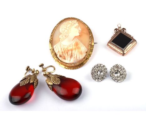 A pair of red amber screw back drop earrings; together with a cameo brooch; a Victorian gold plated pendant lockset and a pai