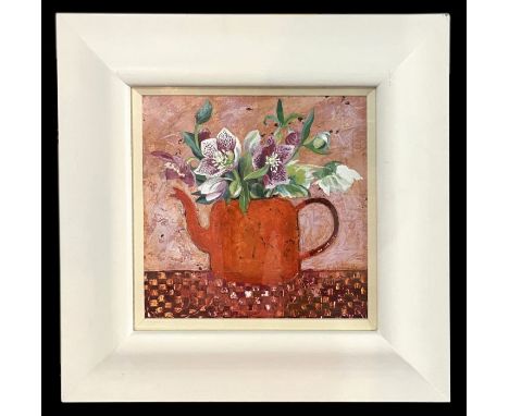 Lindsay Keir (modern British) - Hellebores in a Red Teapot - oil on board, artist's label to verso, framed &amp; glazed, 29 b