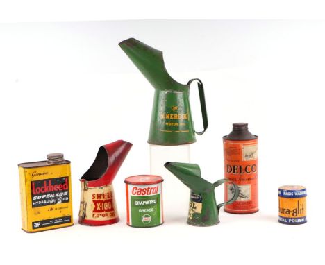 Assorted 1950's oil pourers and advertising cans including a BP Energol Motor Oil quart oil pourer, a Duckhams Nol Motor Oil 