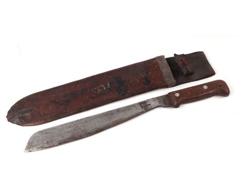 A WWII machete with wooden handle in a leather scabbard, 50cms long.