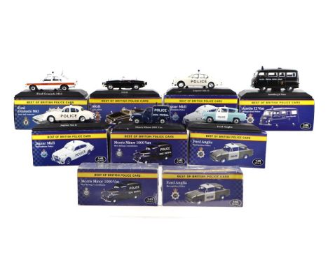 A collection of nine Atlas Editions 1/43 scale Best of British Police Cars including Morris Minor 1000 Van, MGB Roadster (Lan