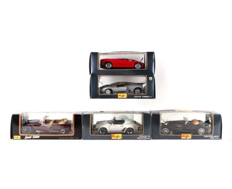 Five Maisto 1/18 scale diecast cars comprising Lamborghini Diablo, Mercedes Benz 300SC, Jaguar XJ220, Porsche 911 Speedster a