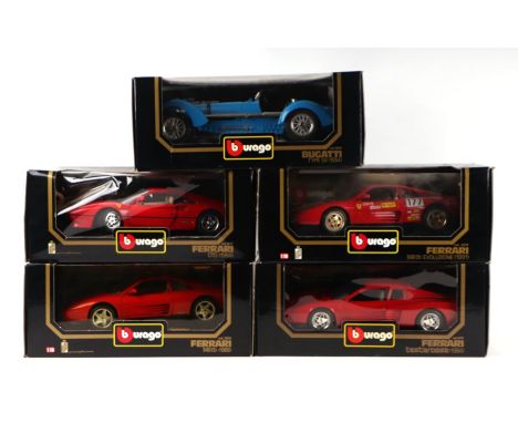 Five Bburago 1/18 scale diecast vehicles comprising two 88GTO Ferrari Testarossa, Ferrari 348TB, Bugatti Type 59 and Ferrari 